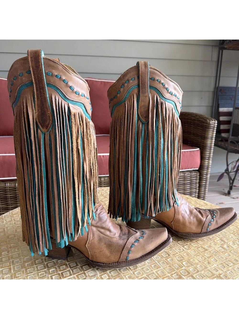 Corral Vintage Fringe Leather Tan & Turquoise Women’s Size 10M Cowboy Boots